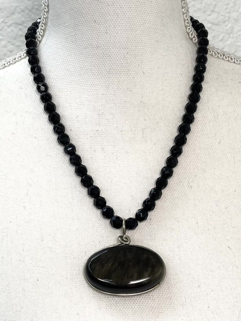 Custom OOAK 18" Wrapped Black Moonstone Pendant NECKLACE w/ Faceted Glass Beads